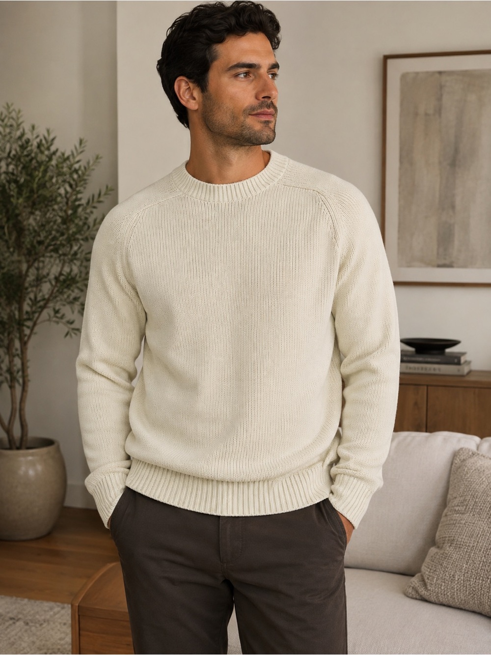 3sixteen Men's Crewneck Sweater in Off-White/Cream